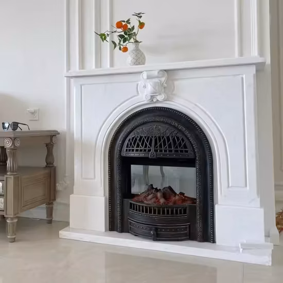 Electric European Style Freestanding Pure White Marble Natural Marble &amp; Limestone High Fireplace